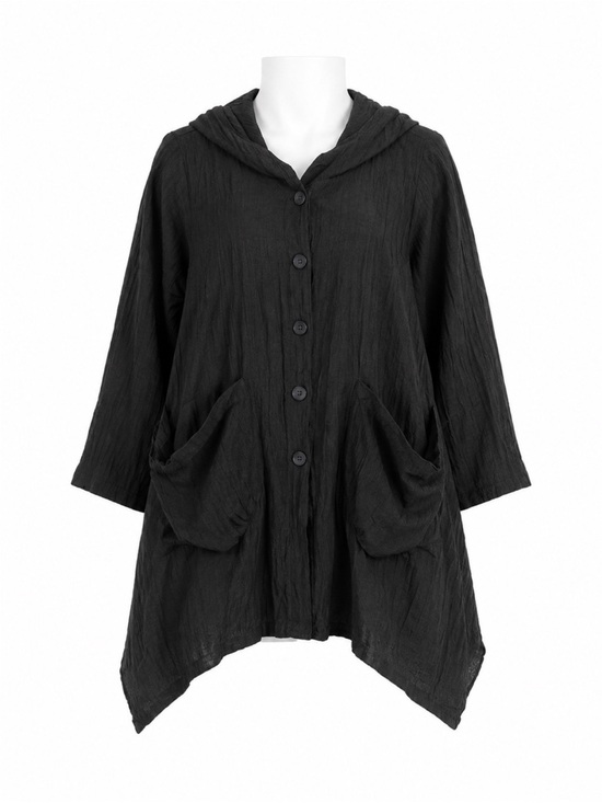 Red coral Sweaters - Size L Red Coral Women’s Black 100% Linen Hooded Lagenlook Jacket Tunic